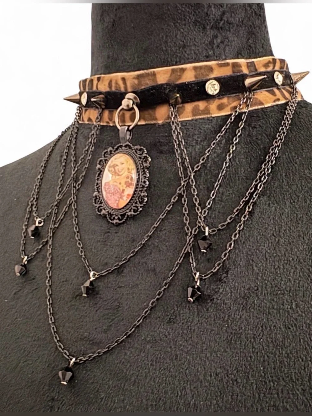 Leopard Print Black velvet, spike, rhinestone, Chain & Cameo Choker Necklace